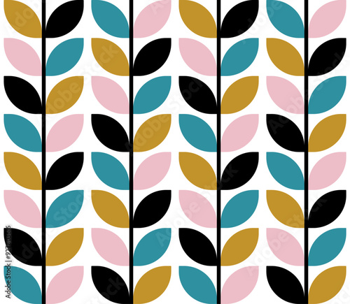 Retro mid-century modern leaves vector seamless pattern cosy colors