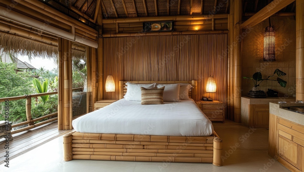 Bamboo hut bedroom with a bed and view. Bamboo hut bedroom with a bed and view.