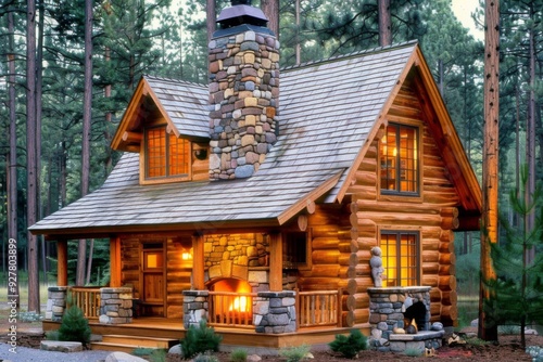 An image of a tranquil lakeside cabin nestled among trees, with a reflection on calm waters, inviting lakeside retrea photo