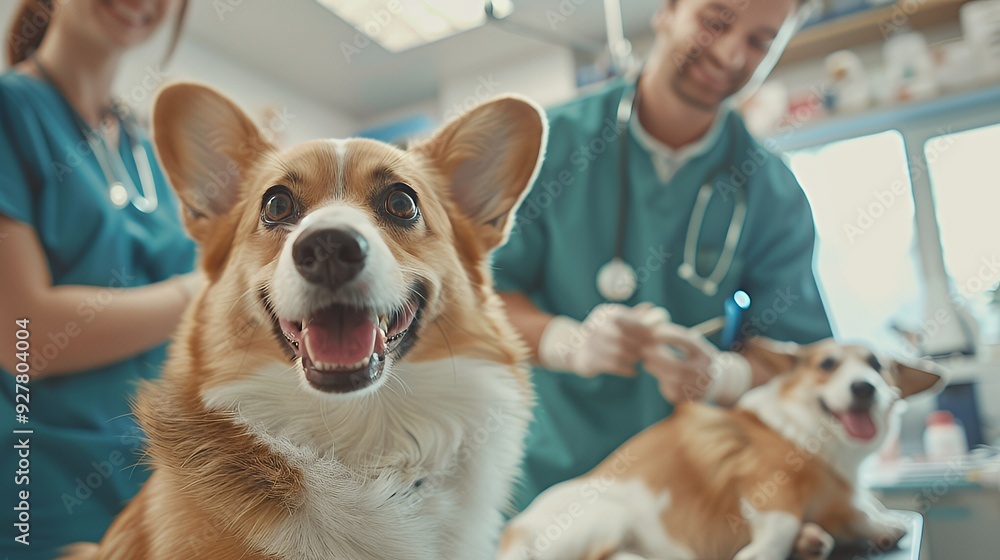 Close-up of a happy dog being examined by a veterinarian in a clinic. Close-up of a happy dog being examined by a veterinarian in a clinic.