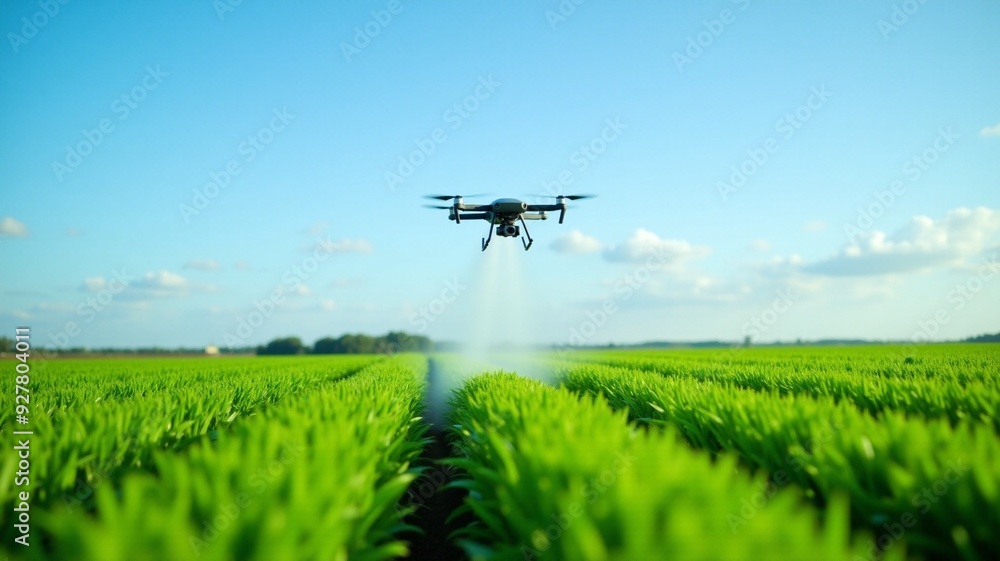 Drone Spraying Crops in Lush Green Field, a drone spraying water over a vibrant green field. Blue sky background, showcasing precision agriculture and sustainable farming practices. Drone Spraying Crops in Lush Green Field, a drone spraying water over a vibrant green field. Blue sky background, showcasing precision agriculture and sustainable farming practices.