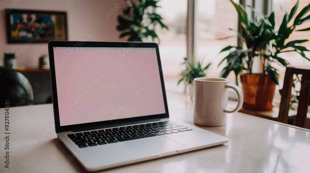 A laptop with a blank screen on a white table with a coffee mug. A laptop with a blank screen on a white table with a coffee mug.