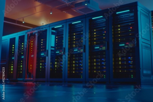 A Photography of A bustling data center with rows of servers and technicians working diligently to process and manage vast amounts of information, showcasing the world of big da