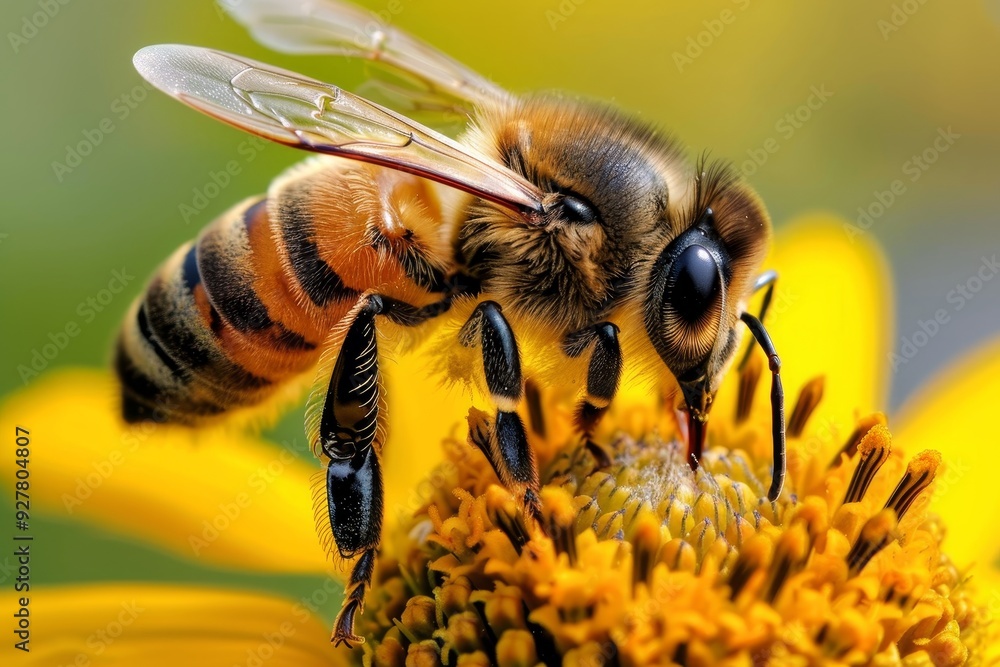 Close-Up Macro Photo of Honey Bee Pollinating Yellow Flower. Close-Up Macro Photo of Honey Bee Pollinating Yellow Flower.