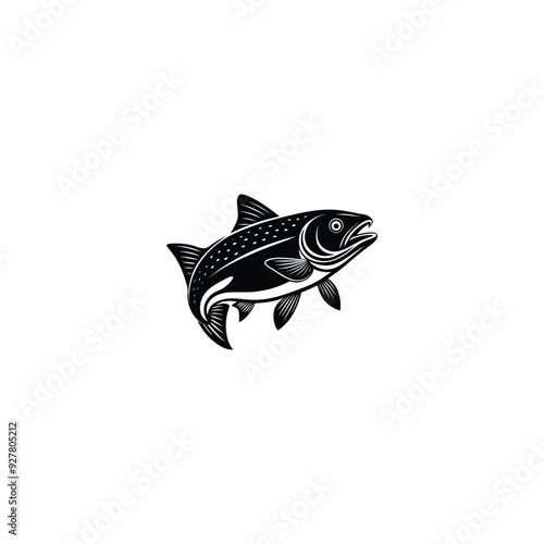 Atlantic salmon ray-finned fish isolated monochrome icon. Vector salmon freshwater fish, seafood, marine food, fishery sport mascot. Grayling whitefish fishing trophy, underwater animal, trout, char