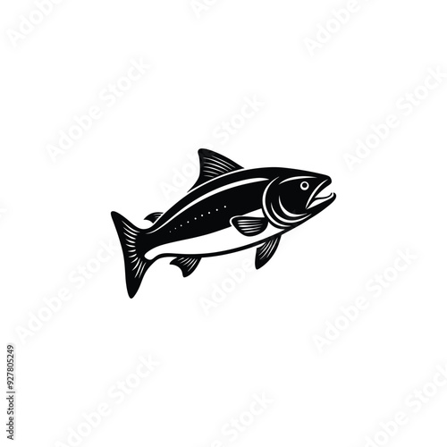 Atlantic salmon ray-finned fish isolated monochrome icon. Vector salmon freshwater fish, seafood, marine food, fishery sport mascot. Grayling whitefish fishing trophy, underwater animal, trout, char