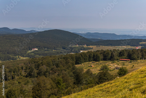 Panoramic view of green hills in the maountain on a sunny summer day