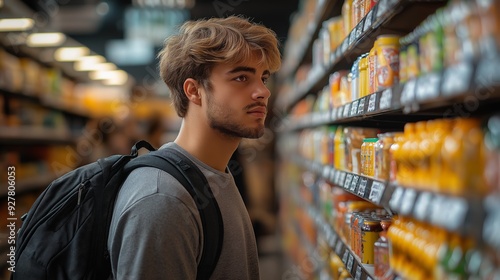 Young Man with Backpack Carefully Examining Products in a Supermarket Aisle, Focused on Comparing Labels and Prices Amidst Well-Stocked Shelves in a Bright, Modern Setting