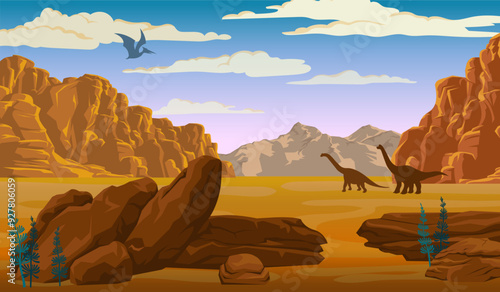 Prehistoric landscape with mountains, desert and silhouette of dinosaurs. Vector Illustration.