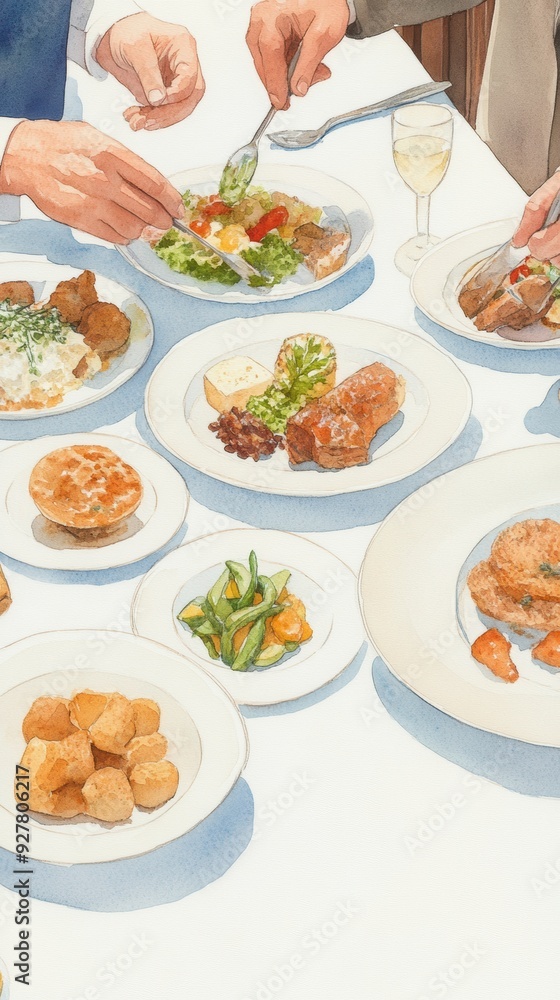 A vibrant dining scene featuring diverse dishes, hands reaching for plates, showcasing a festive meal and social gathering. watercolor Style. A vibrant dining scene featuring diverse dishes, hands reaching for plates, showcasing a festive meal and social gathering. watercolor Style.