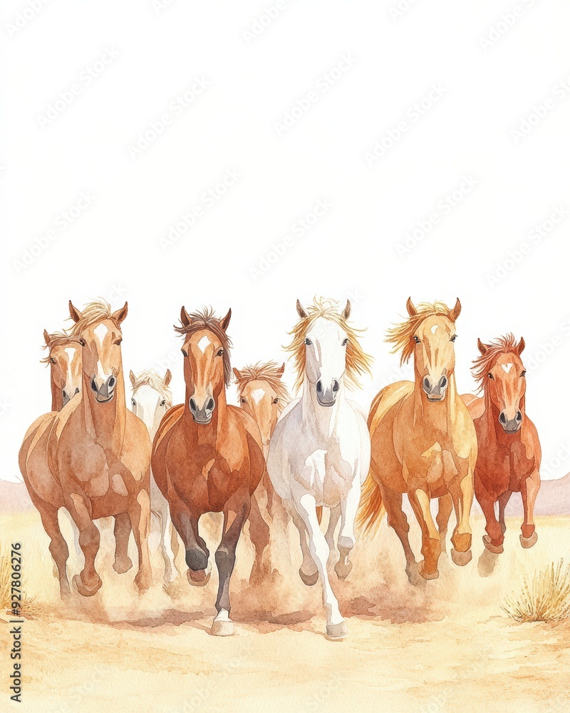 A vibrant illustration of horses running in a line, showcasing their grace and energy in a desert landscape. watercolor Style. A vibrant illustration of horses running in a line, showcasing their grace and energy in a desert landscape. watercolor Style.