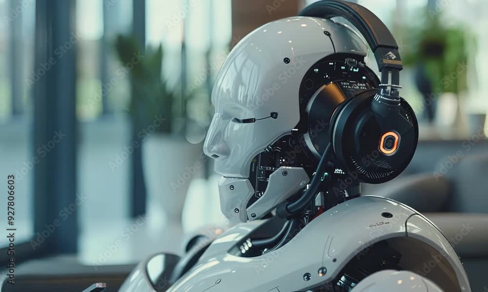 Humanoid Robot with Headphones in a Modern Office Setting Humanoid Robot with Headphones in a Modern Office Setting