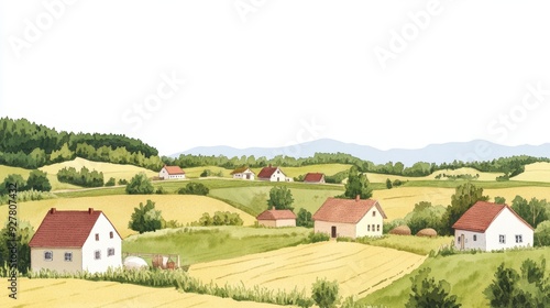 Wallpaper Mural A scenic view of countryside houses nestled among lush fields and rolling hills under a bright sky. watercolor Style. Torontodigital.ca
