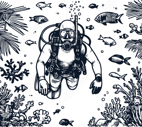 Scuba Diving Hand Drawn Line Art  Vector Art Illustration On Solid White Background