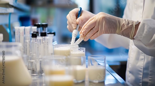 A close-up of a dairy scientist's hands conducting tests on milk quality, with various laboratory instruments visible