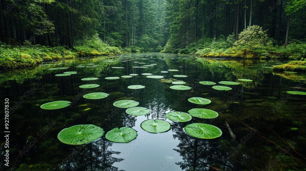 Serene Forest Pond with Lily Pads Serene Forest Pond with Lily Pads