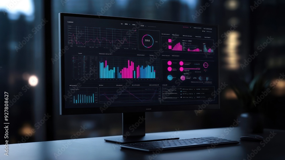 Computer monitor displaying monitoring dashboard with real-time data analytics, graphs Computer monitor displaying monitoring dashboard with real-time data analytics, graphs
