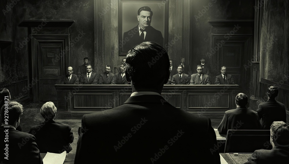 Obraz premium Men in suits facing a portrait.