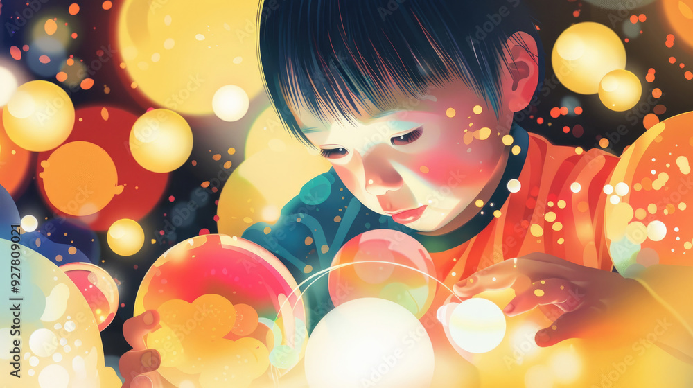 Obraz premium A child plays with vibrant glowing orbs, immersed in wonder and curiosity in a colorful setting