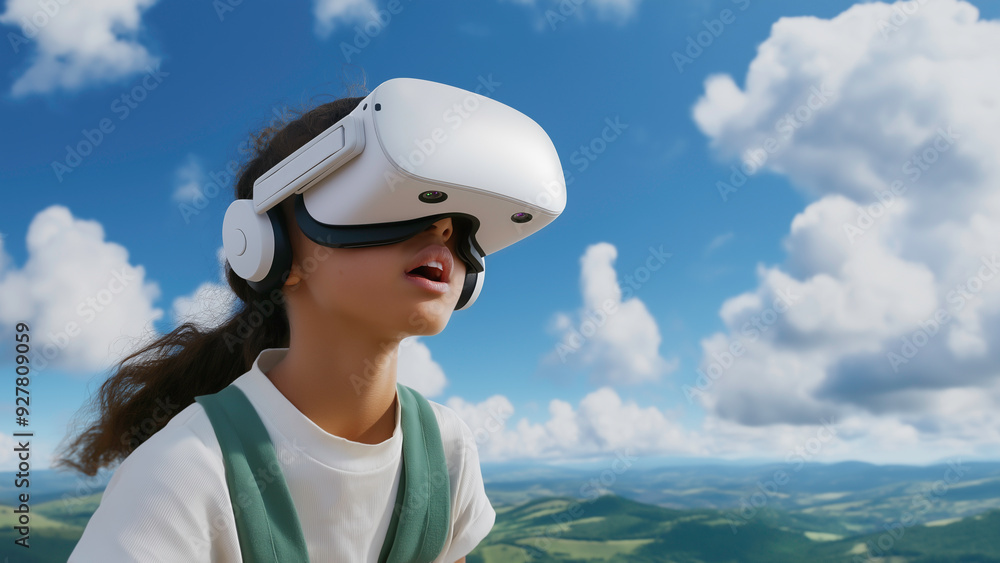 A girl wearing VR virtual glasses standing on the mountain, unveiling the future of 3D virtual travel, futuristic and Innovation technology. A girl wearing VR virtual glasses standing on the mountain, unveiling the future of 3D virtual travel, futuristic and Innovation technology.