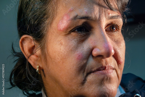 Obraz na płótnie Healthcare and medicine: Hispanic mature woman suffering from the skin chronic disease rosacea. w salonie