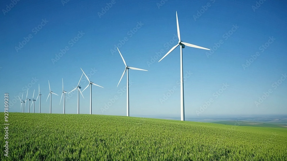 Wind turbines standing in a vast green field under a clear blue sky. AI generated image Wind turbines standing in a vast green field under a clear blue sky. AI generated image