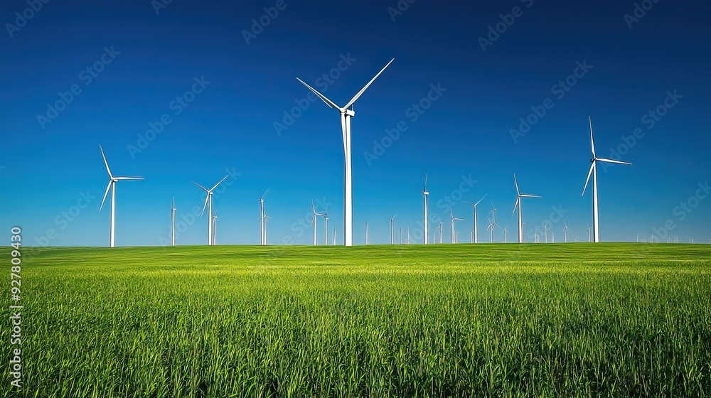 Wind turbines standing in a vast green field under a clear blue sky. AI generated image Wind turbines standing in a vast green field under a clear blue sky. AI generated image