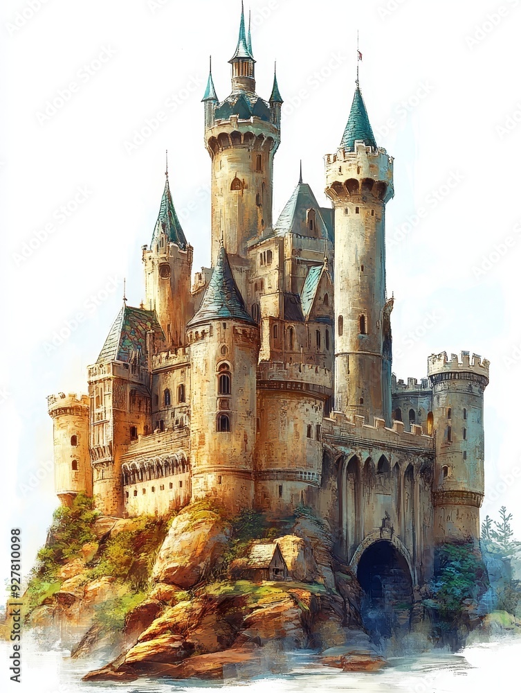 Fototapeta premium A Majestic Stone Castle on a Misty Cliffside