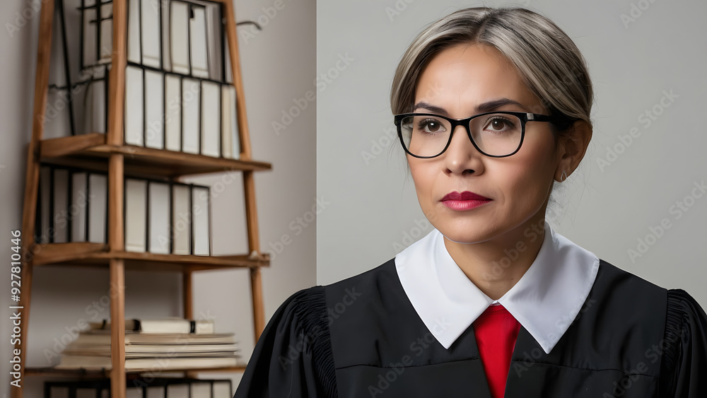 Middle aged woman working in the judicial system red lipstick and glasses against the background of shelves with books light background Middle aged woman working in the judicial system red lipstick and glasses against the background of shelves with books light background