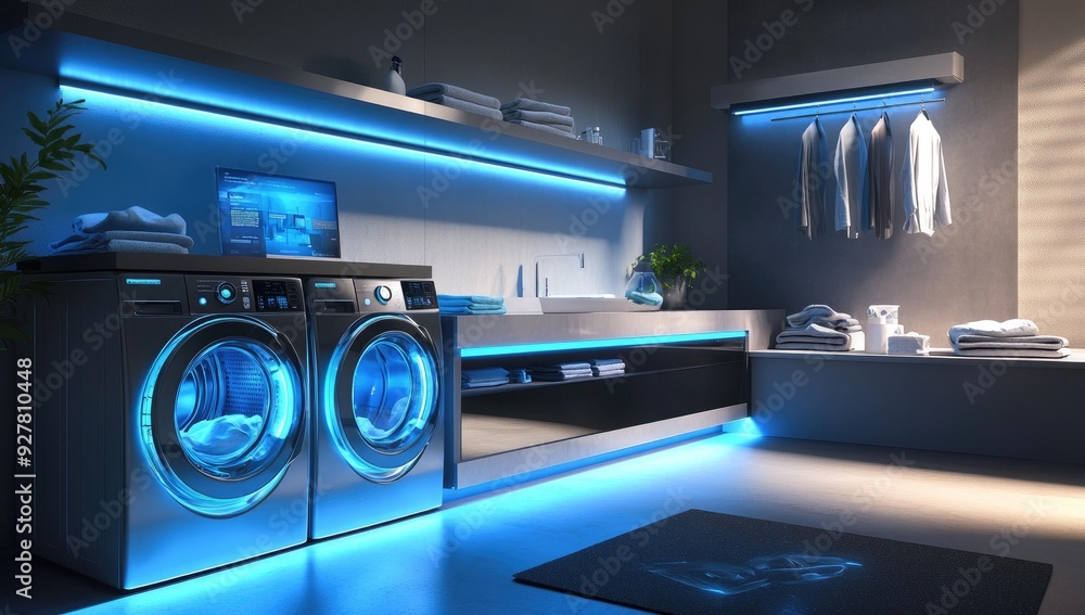 Fototapeta premium Modern laundry room with blue LED lighting.