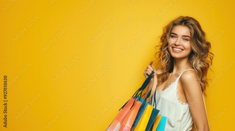 Beautiful female shopping with shopping bag over plain background Beautiful female shopping with shopping bag over plain background