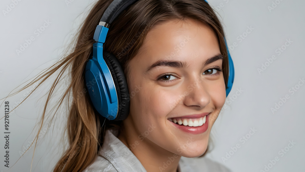 Naklejka premium Teenage girl listening to music in blue headphones smiling broadly on light background