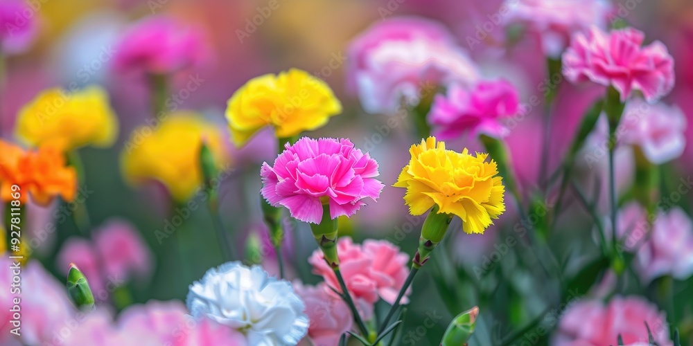 Dianthus Carnation Flowers in Bloom with Yellow Pink and White Petals Macro Perspective with Shallow Depth of Field and Selective Focus Dianthus Carnation Flowers in Bloom with Yellow Pink and White Petals Macro Perspective with Shallow Depth of Field and Selective Focus