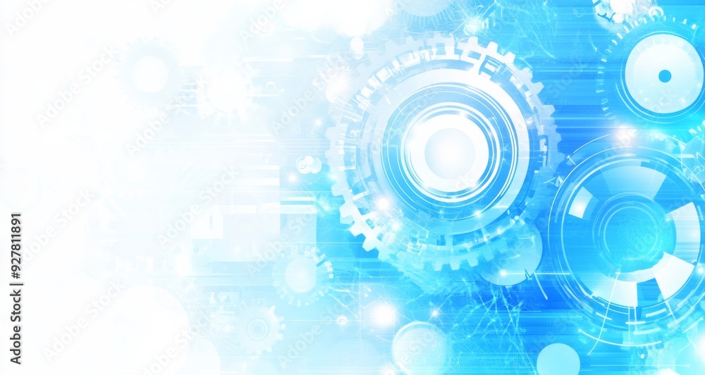 Technology-Themed Vector Banner with White and Blue Colors Featuring Gears and Digital Design Elements Technology-Themed Vector Banner with White and Blue Colors Featuring Gears and Digital Design Elements