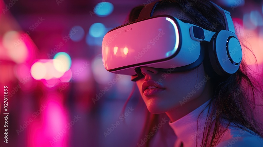 Woman wearing VR Headset with Neon Lights in the Background Woman wearing VR Headset with Neon Lights in the Background