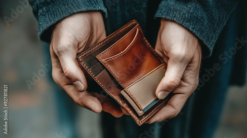 Man is sadly holding his empty brown leather wallet, symbolizing financial issues and lack of money