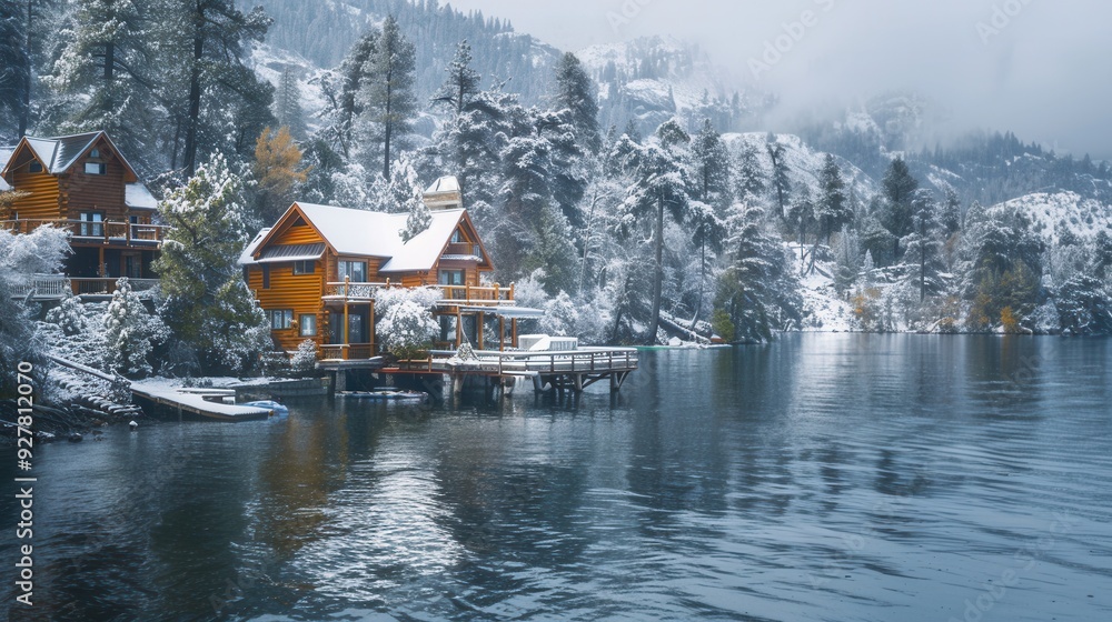 Fototapeta premium Vacation house with winter scenic view by lake