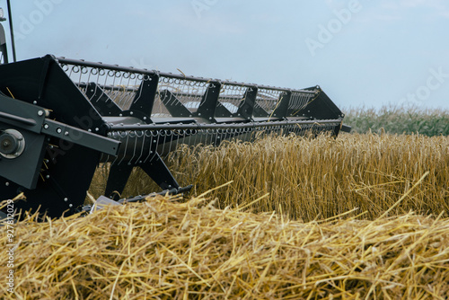 Obraz na płótnie Close-up of a combine harvester in action, cutting through a dense wheat field. Modern farming technology designed for high-efficiency grain harvesting. Agricultural machinery. w salonie