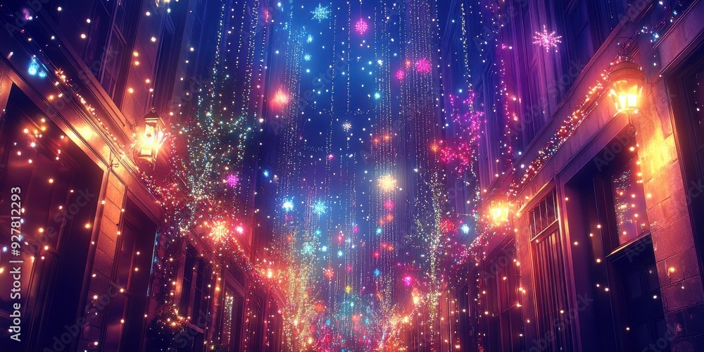 Enchanting Street Festooned with Sparkling Colorful Lights Creating a Magical Night Ambiance in Urban Setting Enchanting Street Festooned with Sparkling Colorful Lights Creating a Magical Night Ambiance in Urban Setting