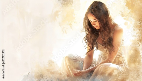 Angelic Woman Sitting Praying with Beautiful Features in Watercolor.