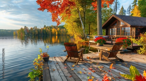 Fototapeta Naklejka Na Ścianę i Meble -  Vacation house with scenic view in Fall with colorful foliage by lake