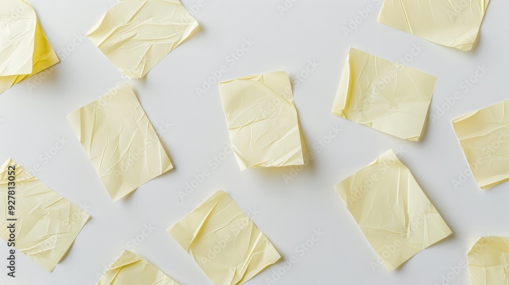Obraz premium Yellow sticky note with several perforations on a white backdrop
