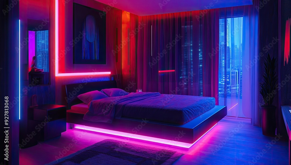 Modern bedroom with neon lights and city view. Modern bedroom with neon lights and city view.