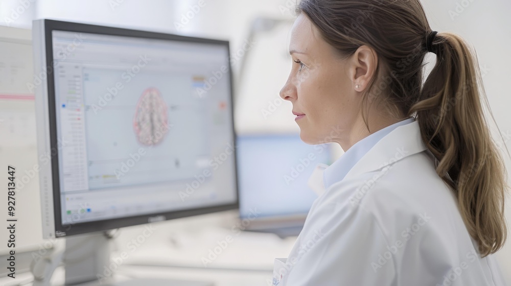 senior female neurologist surgeon checking brain scan results on a monitor, medical expertise, professional healthcare analysis, copy space senior female neurologist surgeon checking brain scan results on a monitor, medical expertise, professional healthcare analysis, copy space