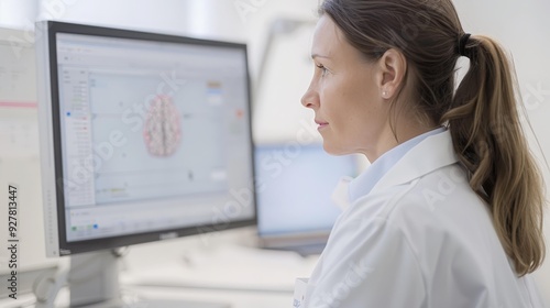 senior female neurologist surgeon checking brain scan results on a monitor, medical expertise, professional healthcare analysis, copy space