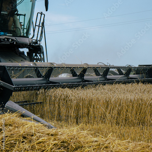 Obraz na płótnie Combine harvester cutting through a dense wheat field, showcasing powerful agricultural machinery. Precision harvesting technology for high-efficiency farming. Summer harvest concept. w salonie