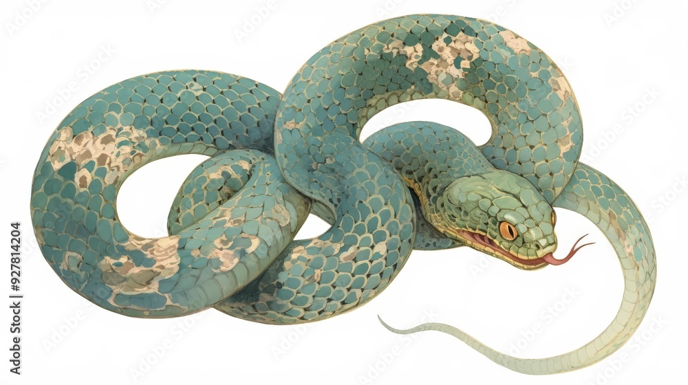 Fototapeta premium A green snake with a light blue scale pattern, curled up in a relaxed pose.