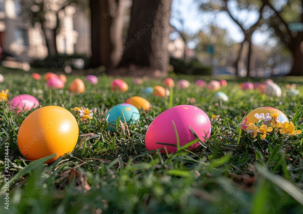 Colorful Easter Egg Hunt in a Sunny Park Setting with Decorated Eggs Scattered on Green Grass and Trees in the Background Colorful Easter Egg Hunt in a Sunny Park Setting with Decorated Eggs Scattered on Green Grass and Trees in the Background