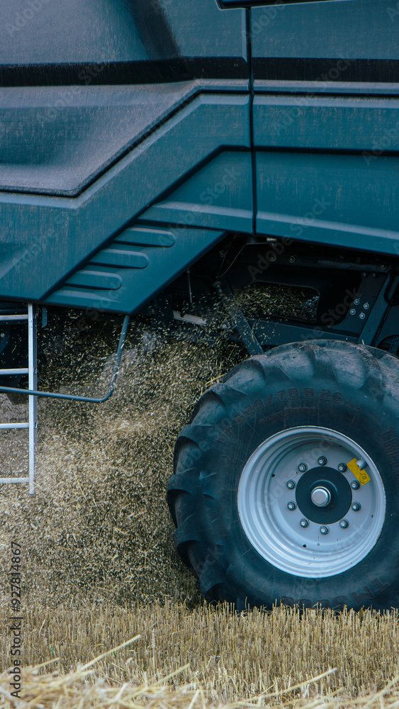 Side view of a combine harvester in a wheat field, focusing on the machinery's tire and chaff dispersion. Advanced farming technology during harvest season. Agricultural efficiency. Vertical photo