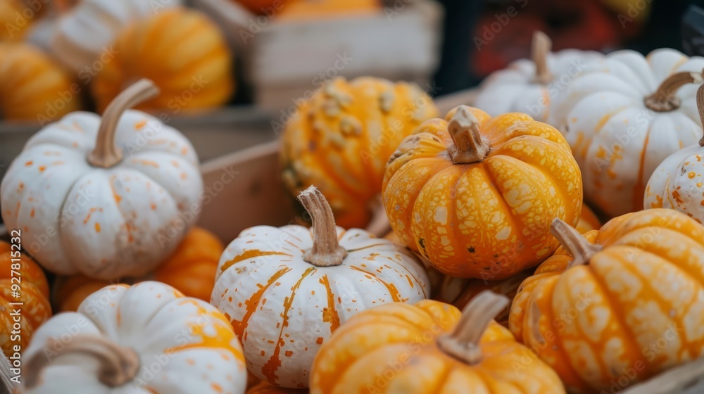 Closeup of a group of small orange and white pumpkins with intricate detail in a wooden crate. Closeup of a group of small orange and white pumpkins with intricate detail in a wooden crate.